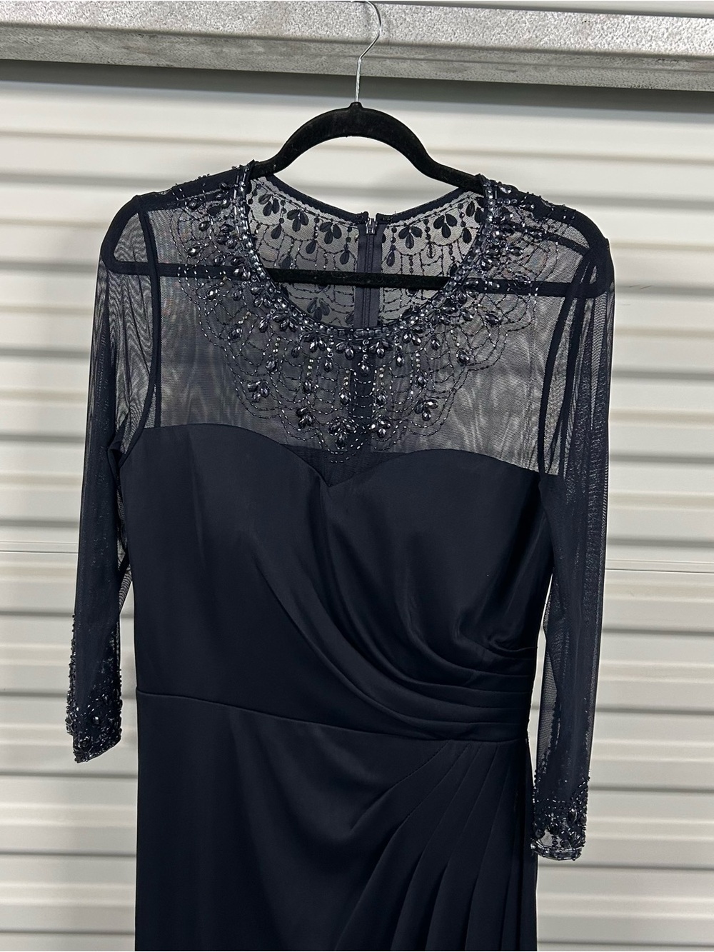 Alex Evenings Navy Beaded Illusion Neck Long Sleeve Gown